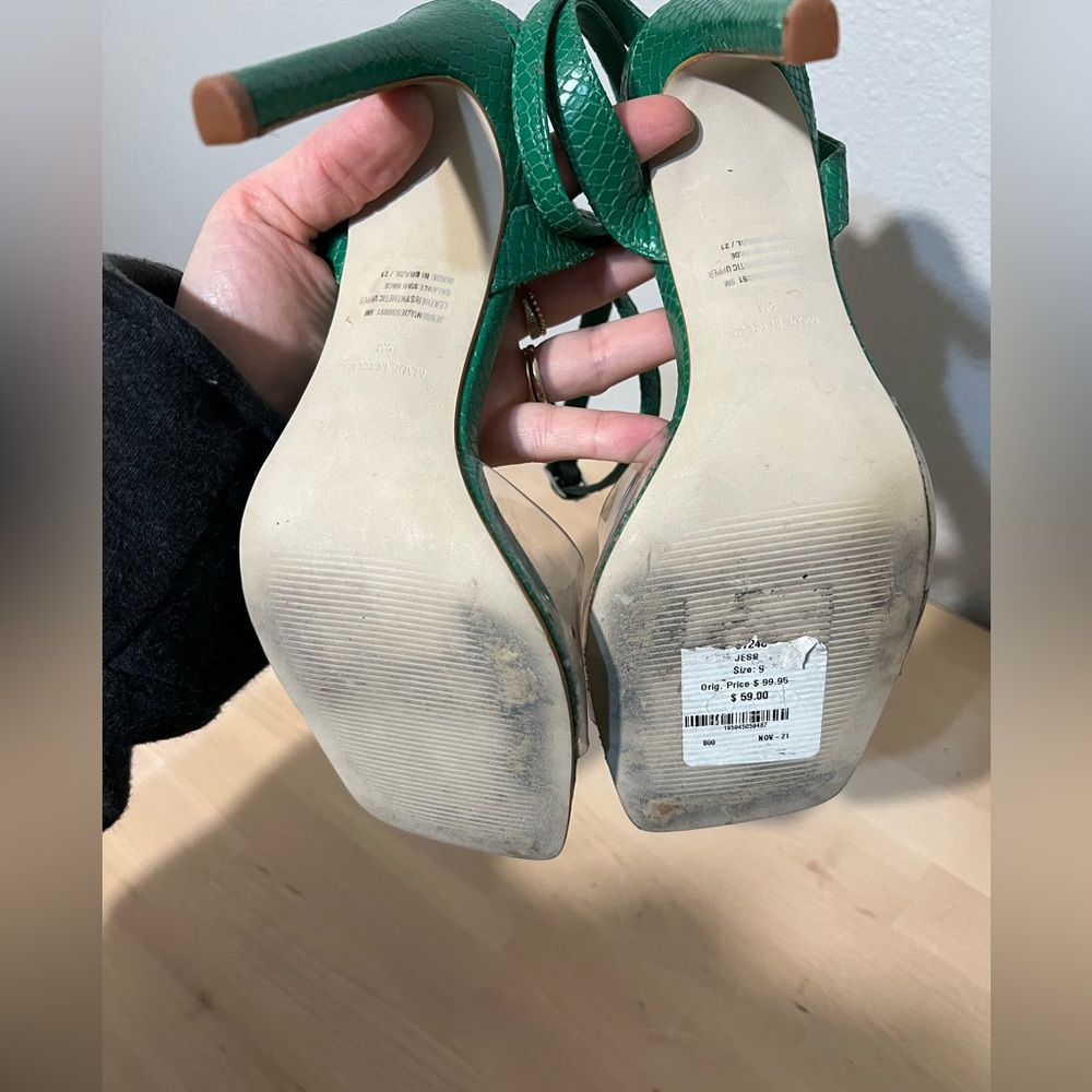 Steve Madden Jessenia Green Acrylic Snakeskin Stiletto Sandals - Picture 10 of 11